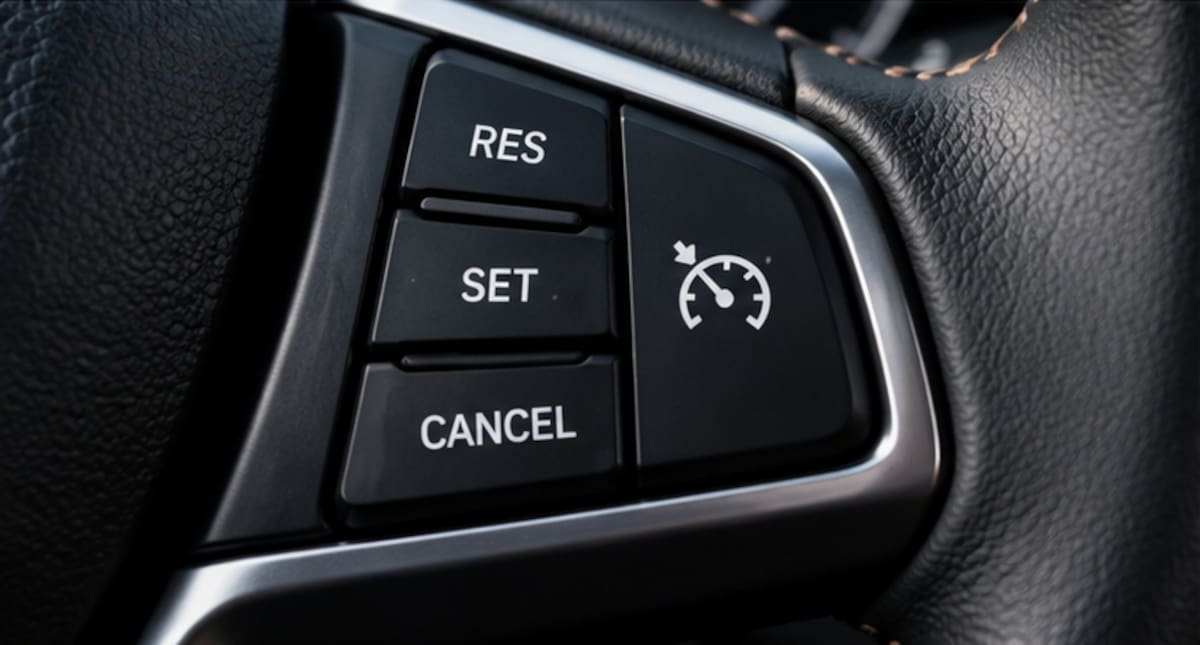 Los botones del volante permiten activar, ajustar y cancelar el control de velocidad crucero. | Imagen hecha con IA de ChatGPT