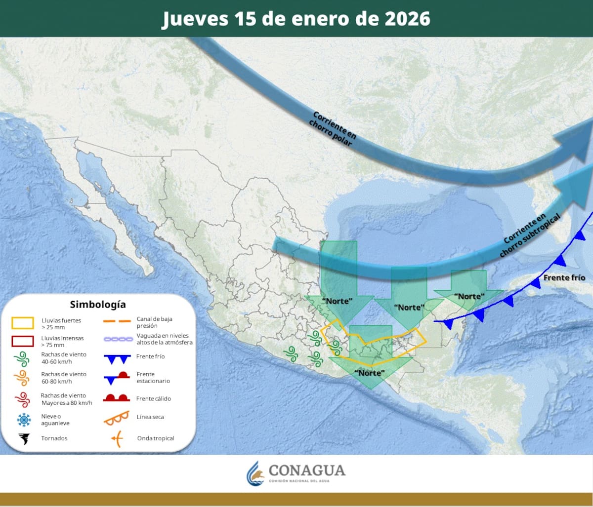 Pronóstico del clima para el jueves 15 de enero del 2026. | Crédito: SMN