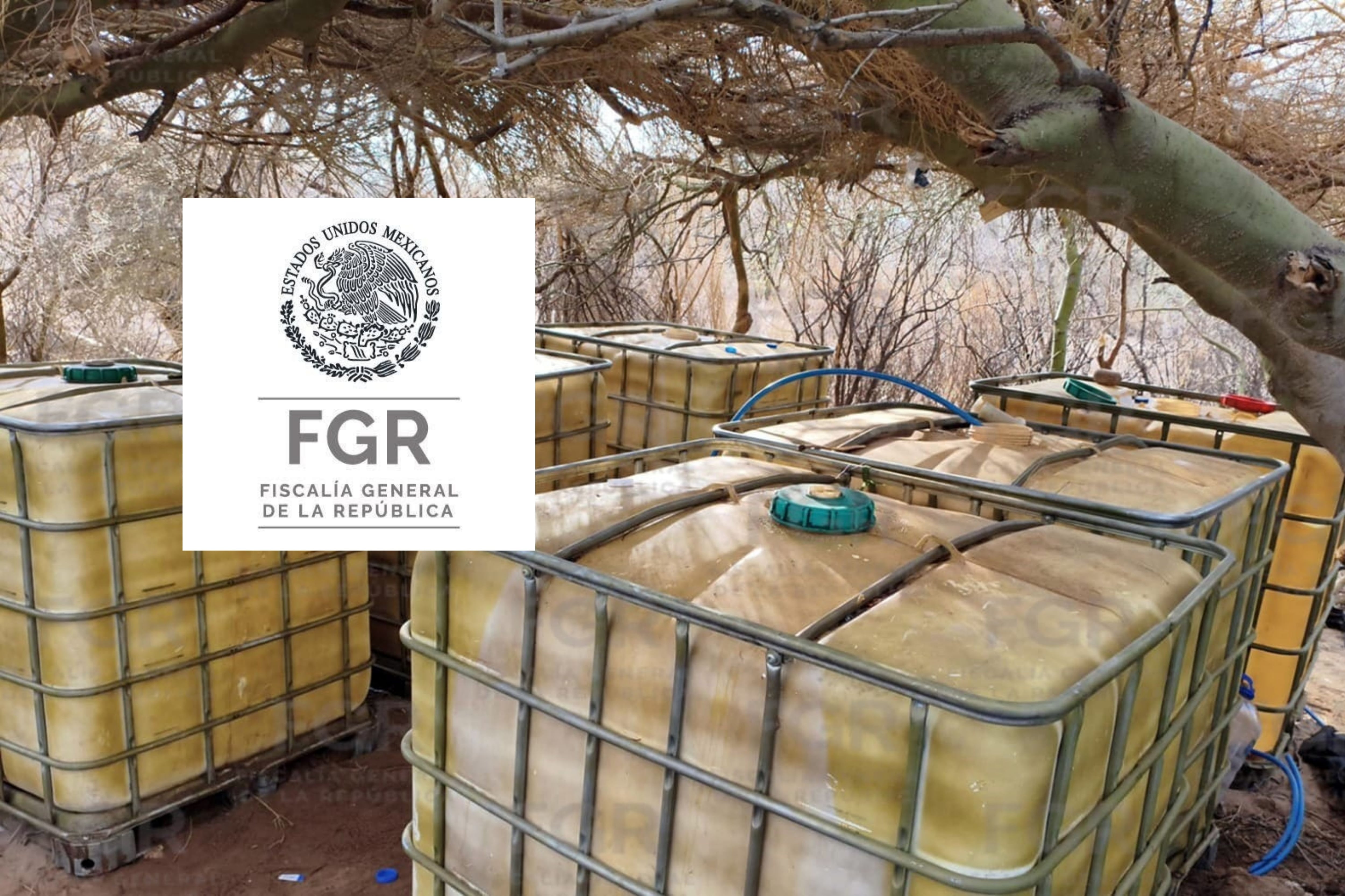 Autoridades aseguraron seis contenedores con 3 mil litros de hidrocarburo cerca del tramo Guaymas-Hermosillo. FOTOS: ESPECIAL FGR