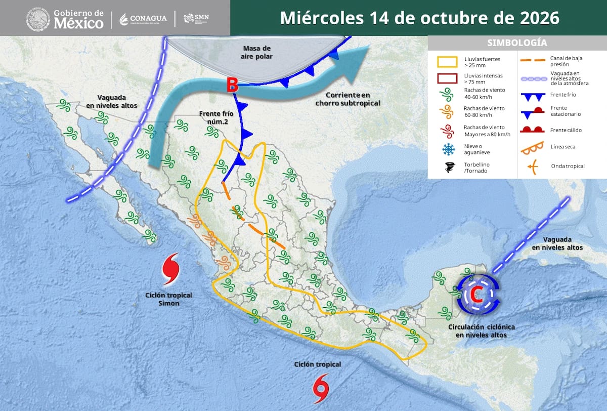 Pronóstico del clima para este miércoles 14 de octubre, según el SMN. | Crédito: Conagua