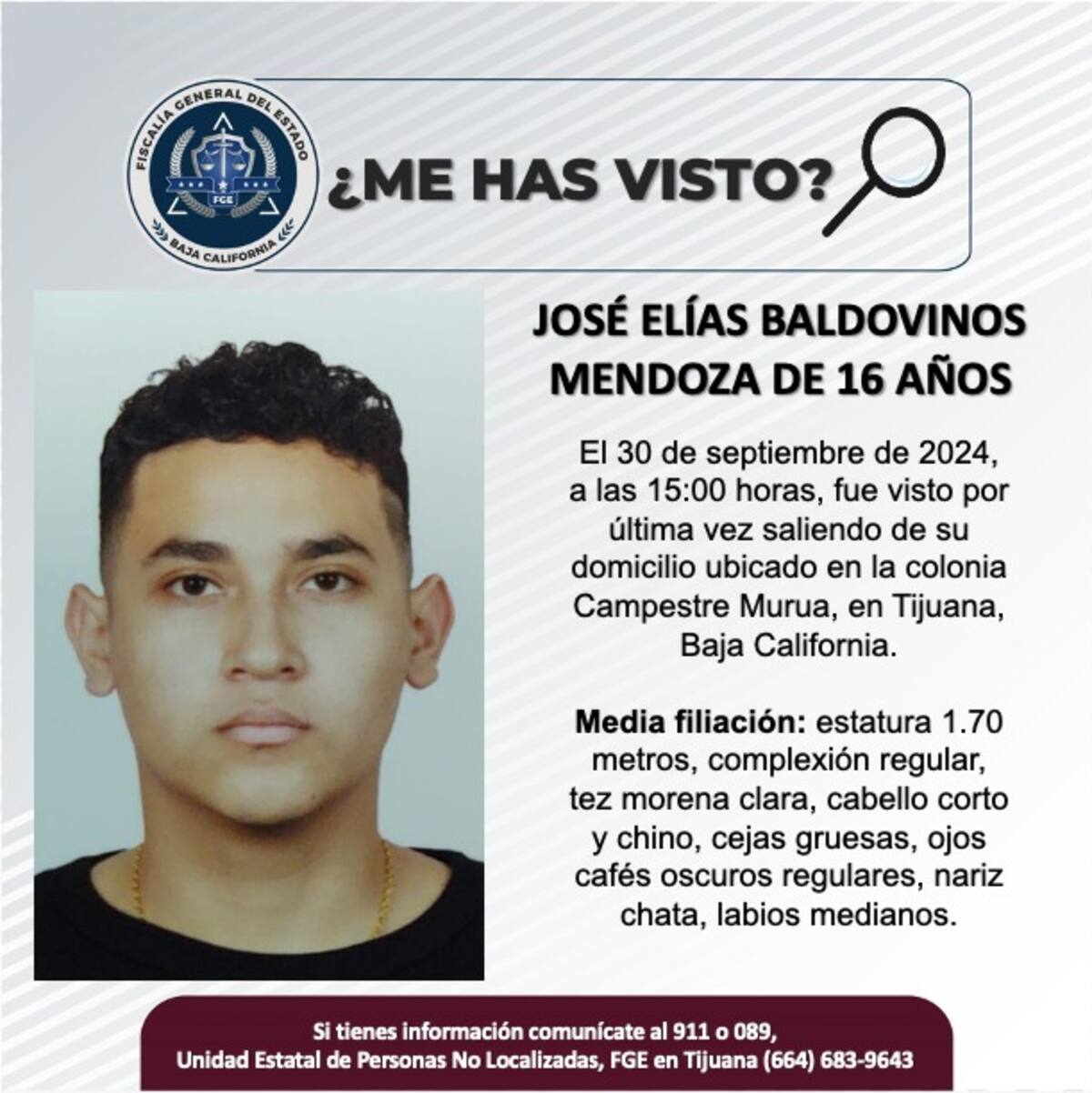 José Elías Baldovinos Mendoza fue visto por última vez el 30 de septiembre de 2024.