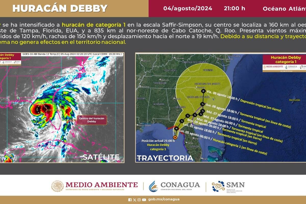 Debby toma fuerza y se convierte en huracán categoría 1