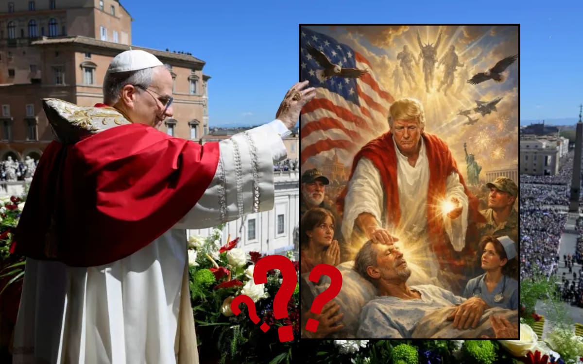 Trump ataca al papa León XIV en Truth Social y suma polémica con una imagen generada por IA. Foto: Reuters, IA