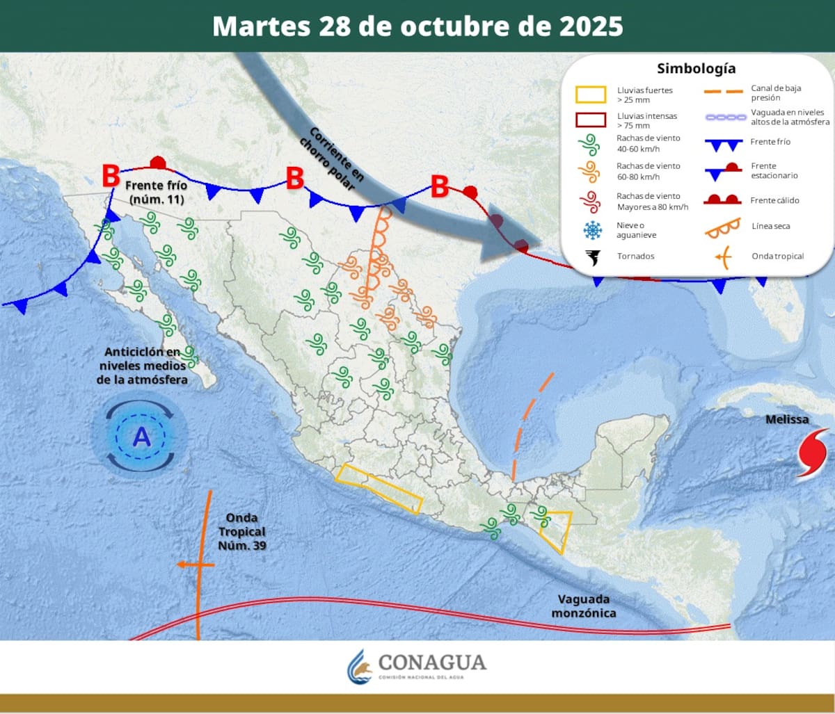 Pronóstico del clima para el martes 28 de octubre del 2025. | Crédito: SMN/Conagua