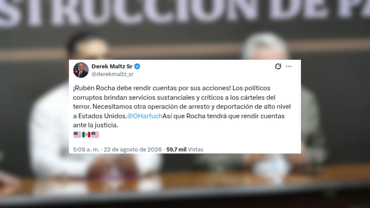 Maltz publicó en X un mensaje dirigido a García Harfuch en el que sostuvo que Rocha Moya debe rendir cuentas ante la justicia por los señalamientos en su contra.