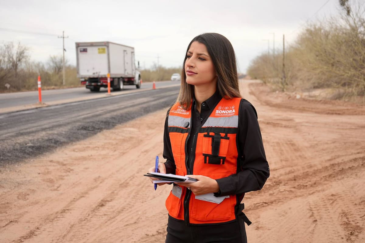 Paulina Ocaña Encinas supervisó en campo los avances de la carretera Hermosillo–Bahía de Kino, donde constató trabajos en terracerías y el inicio de pavimentación. FOTO: ESPECIAL