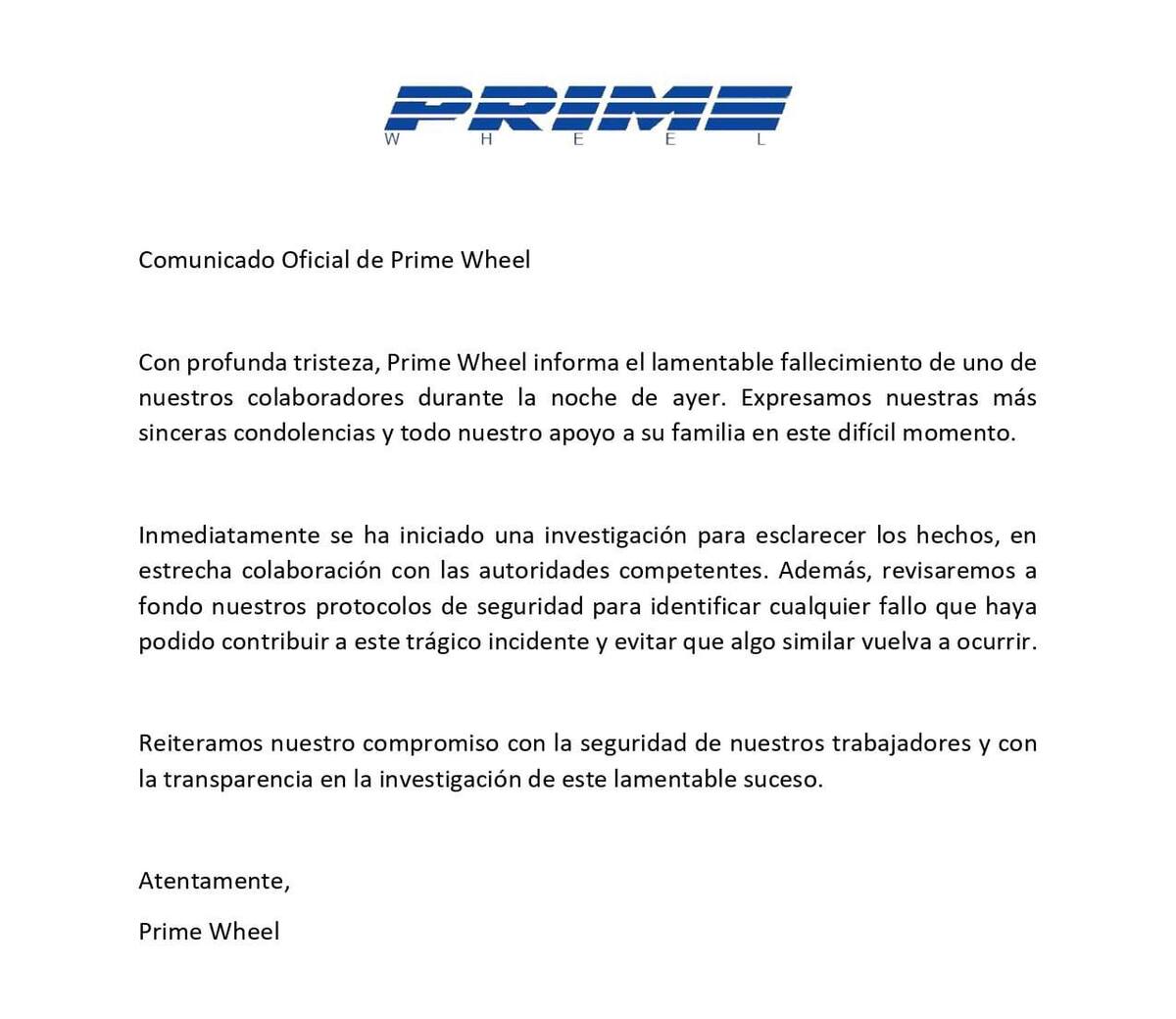 Comunicado de la empresa Prime Wheel.