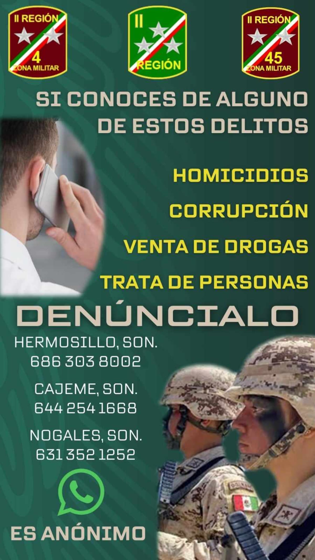 La 4/a. Zona Militar puso en marcha la campaña de denuncia ciudadana y pone a disposición números telefónicos.