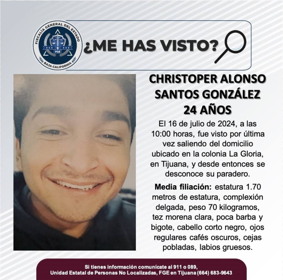 Christoper Alonso Santos González fue visto por última vez el 16 de julio de 2024.