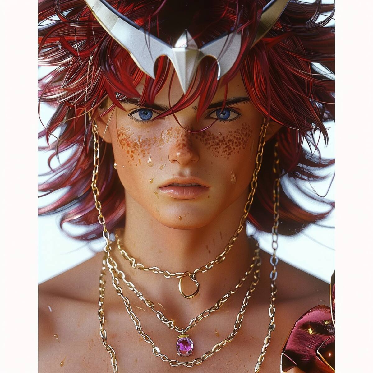 Leda de Caballeros del Zodiaco, según la visión artística de la IA, destaca por su piel blanca y cabello rojo, mostrando una combinación de elegancia y fuerza.