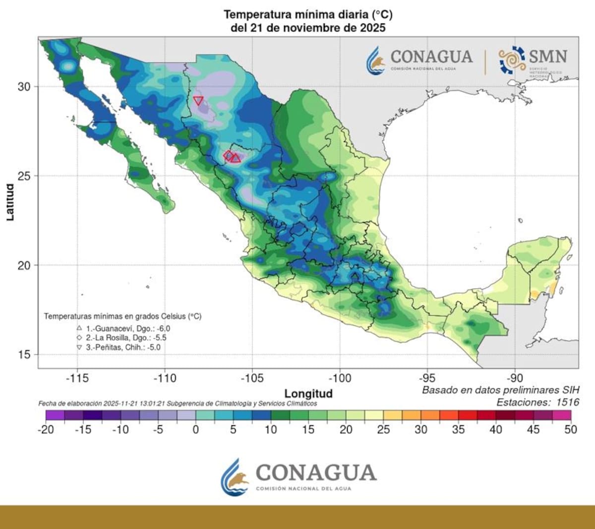 Hoy, las temperaturas más bajas a nivel nacional se registraron en regiones de Durango y Chihuahua. En el mapa, las tonalidades violeta representan valores inferiores a 0 grados.