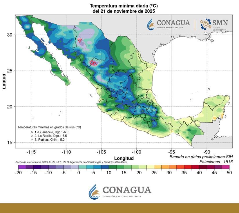Hoy, las temperaturas más bajas a nivel nacional se registraron en regiones de Durango y Chihuahua. En el mapa, las tonalidades violeta representan valores inferiores a 0 grados.