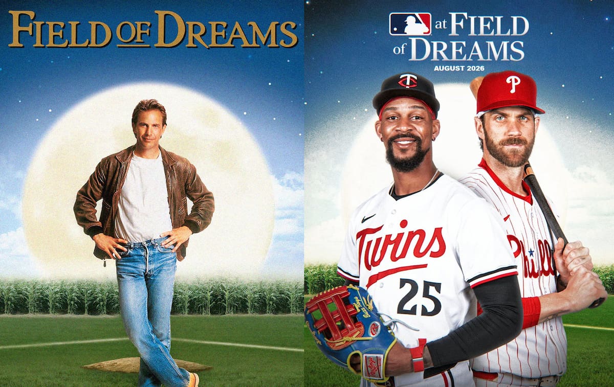 Póster de la película "El Campo de los Sueños" / Póster del partido MLB at Field of Dreams 2026 entre Twins de Minesota y los Phillies de Minnesota. (Foto: Universal Pictures / Netflix)