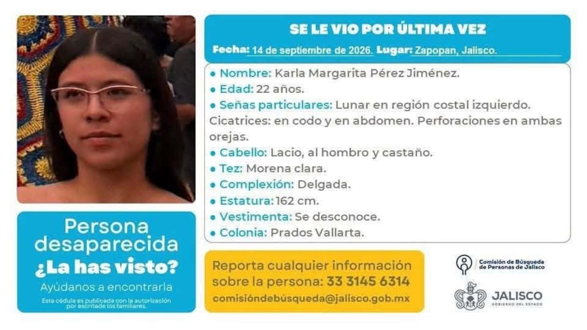 Karla Margarita Pérez Jiménez, estudiante de medicina de 22 años, había sido reportada como desaparecida desde el pasado lunes en Zapopan. | Cortesía
