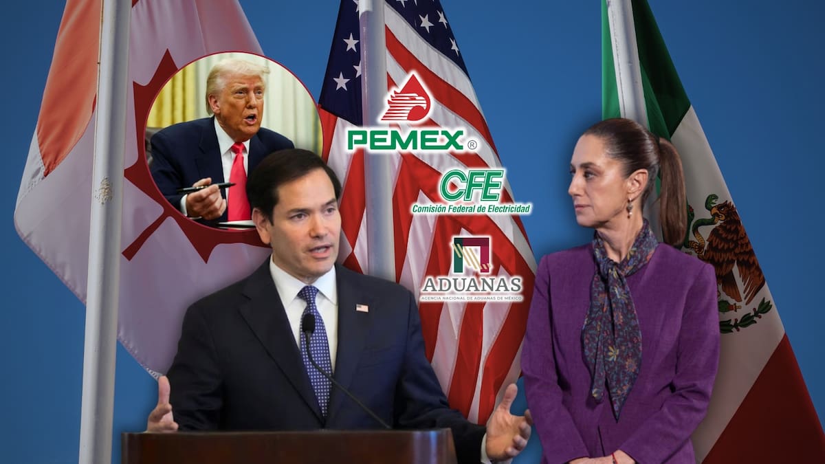 En su visita a México, Marco Rubio urgió a revisar políticas en energía, agricultura, telecomunicaciones y propiedad intelectual, pues considera que afectan el cumplimiento del Tratado entre México, Estados Unidos y Canadá (T-MEC). Foto: Especial (Presidencia/Reuters/Canva)