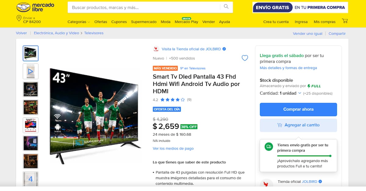 El descuento en la televisión es superior al 30%, pero además Mercado Libre ofrece beneficios como meses sin intereses. | Foto: Captura de pantalla