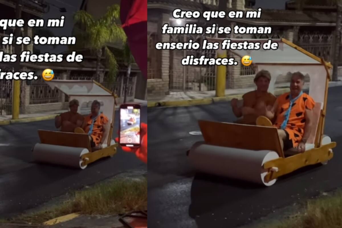 Familia se vuelve viral al llegar a una fiesta de disfraces como los Picapiedras, incluyendo el famoso carro de la caricatura