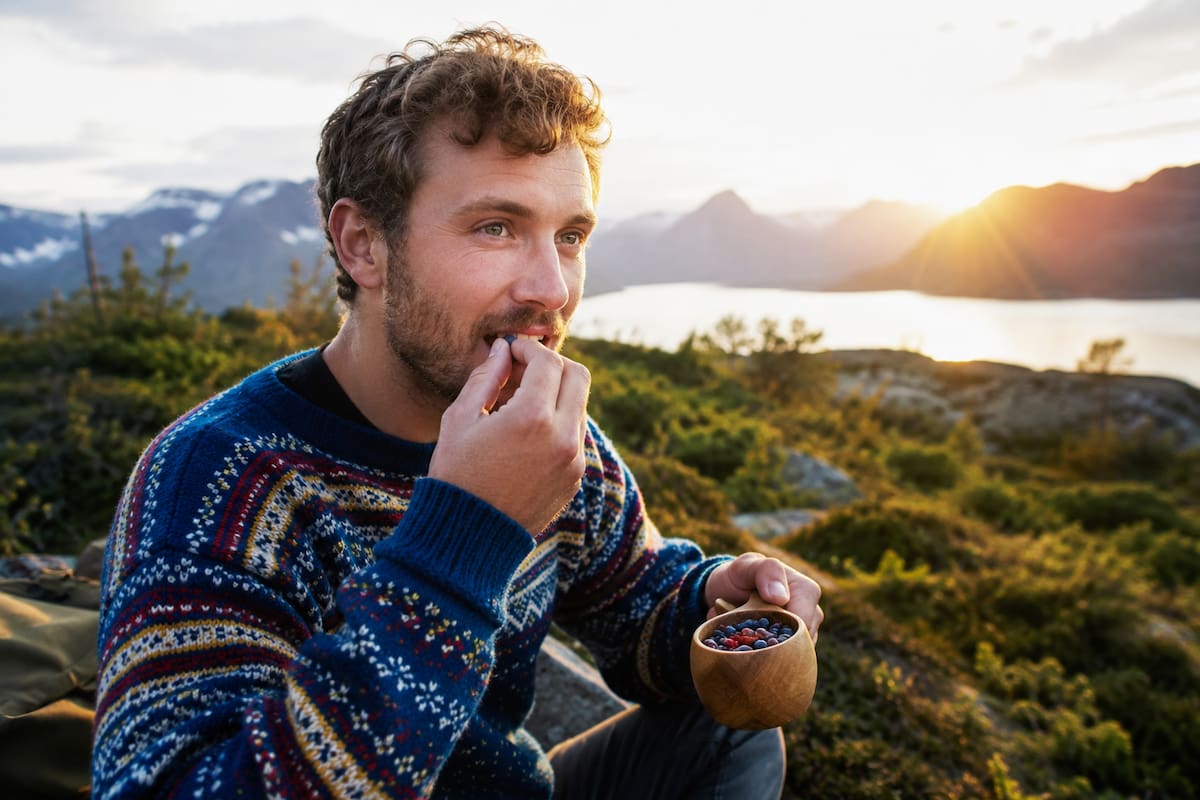 Joven noruego sentado al aire libre en un paisaje montañoso junto a un lago, disfrutando de bayas silvestres de un pequeño cuenco mientras sostiene una galleta o panecillo dulce, con luz dorada del atardecer y vestimenta típica de clima frío. | Imagen hecha con IA (ChatGPT)