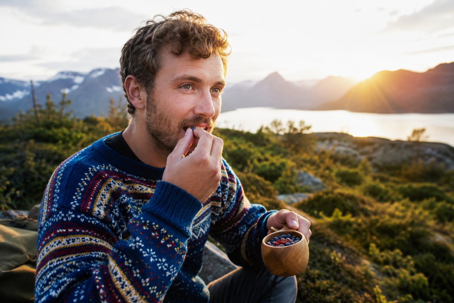 Joven noruego sentado al aire libre en un paisaje montañoso junto a un lago, disfrutando de bayas silvestres de un pequeño cuenco mientras sostiene una galleta o panecillo dulce, con luz dorada del atardecer y vestimenta típica de clima frío. | Imagen hecha con IA (ChatGPT)