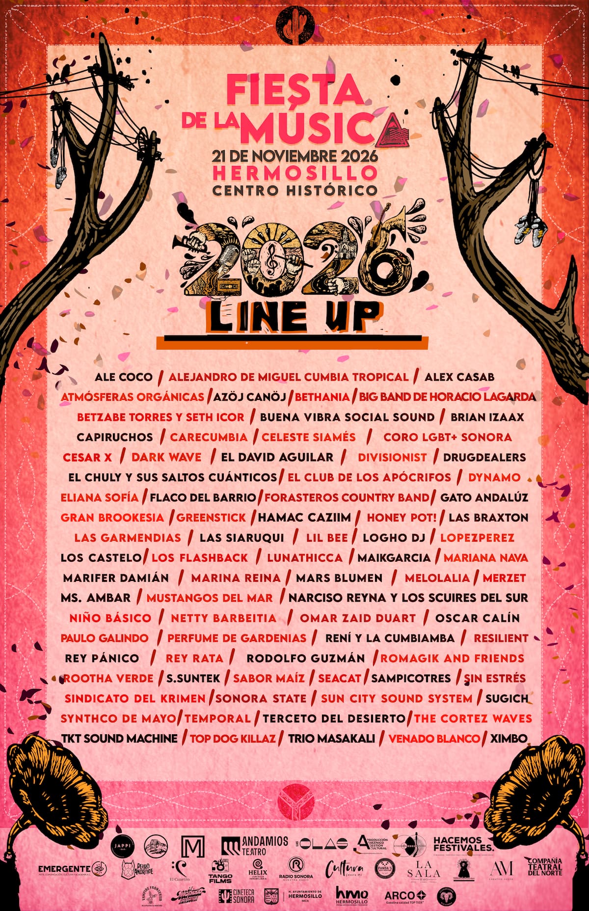 Cartel oficial con el elenco de artistas de la Fiesta de la Música 2026 en el Centro Histórico de Hermosillo. | Cortesía