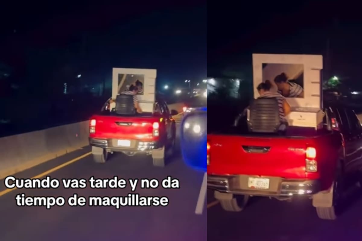 “Antes muerta que sencilla”: mujer se vuelve viral por maquillarse en un vanity sobre una pick-up en movimiento