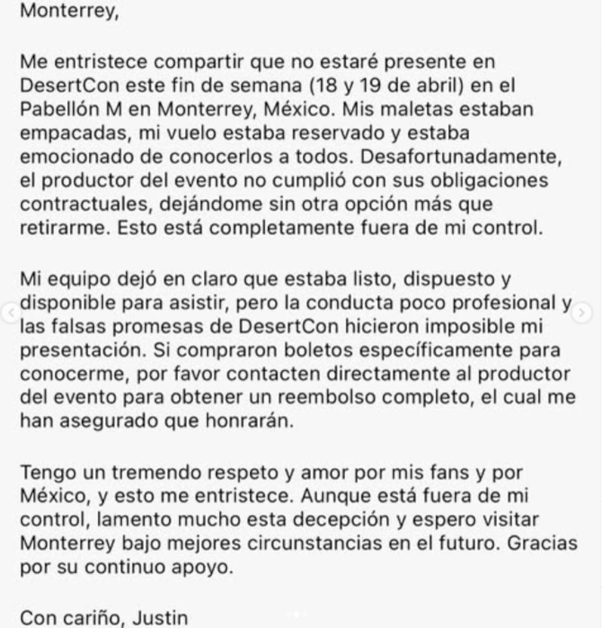 Justin Berfield canceló su participación en Monterrey tras señalar incumplimientos por parte del evento.