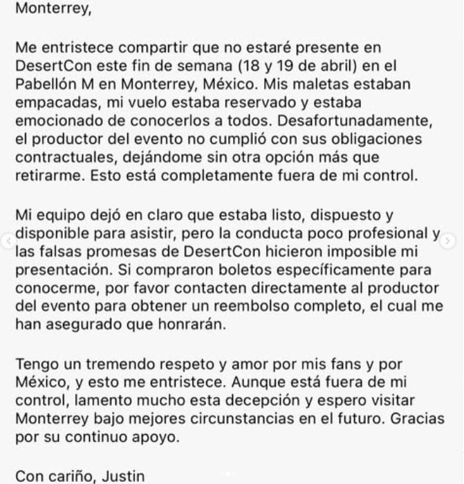 Justin Berfield canceló su participación en Monterrey tras señalar incumplimientos por parte del evento.