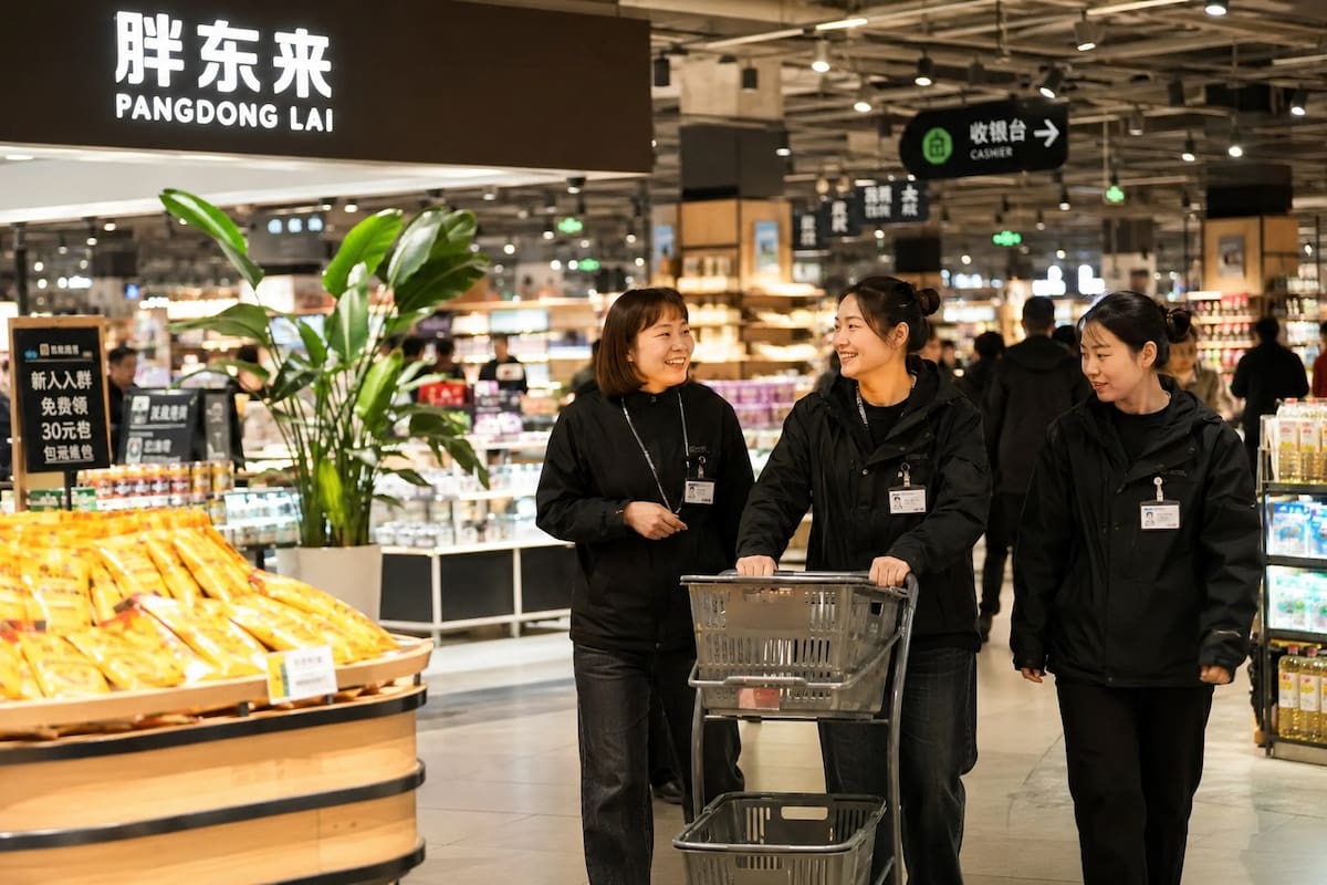 Trabajadoras recorren una sucursal de Pang Dong Lai, cadena minorista china que ofrece hasta 10 días de permiso libre adicionales dentro de su esquema laboral. Imagen ilustrativa generada con IA. | Crédito: ChatGPT