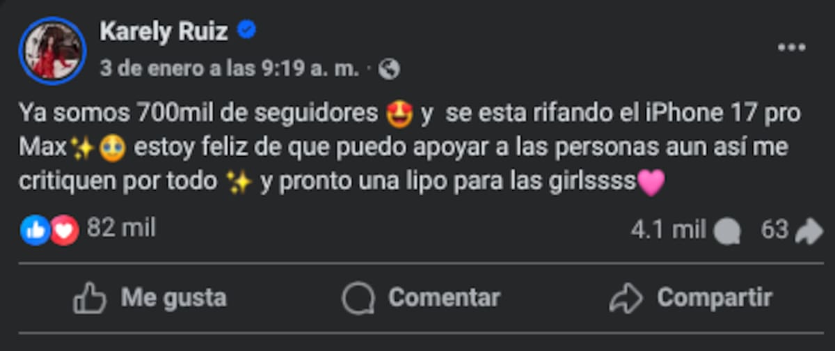 Karely Ruiz rifará una lipoescultura para sus seguidoras | Facebook: Karely Ruiz