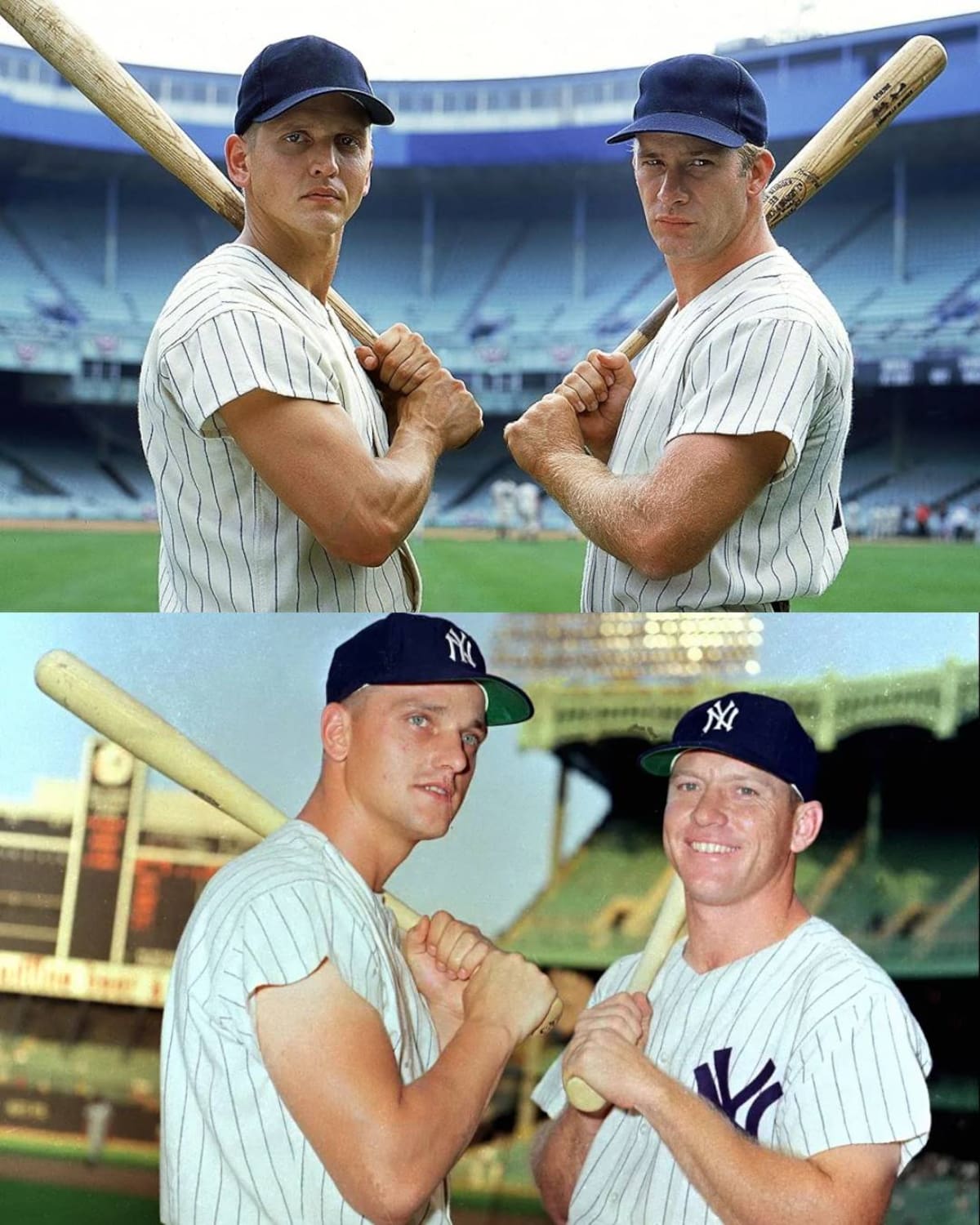 Barry Pepper y Thomas Jane en la película 61*. En la fotografía de abajo, los verdaderos Roger Maris y Mickey Mantle.