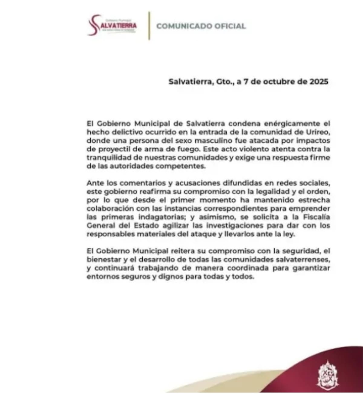 El Gobierno de Salvatierra condena el ataque contra Don Nico mientras transmitía en vivo una denuncia por los baches en su ciudad.