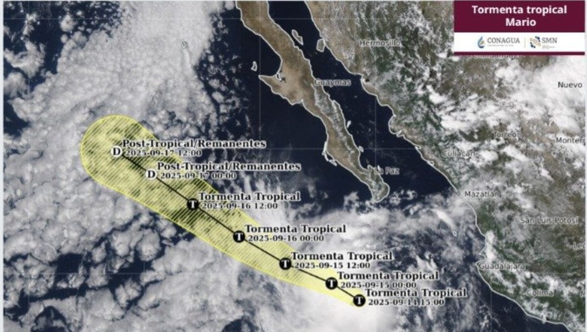 El sistema Mario se reintensificó a tormenta tropical este domingo, ubicándose al sur de Cabo San Lucas.