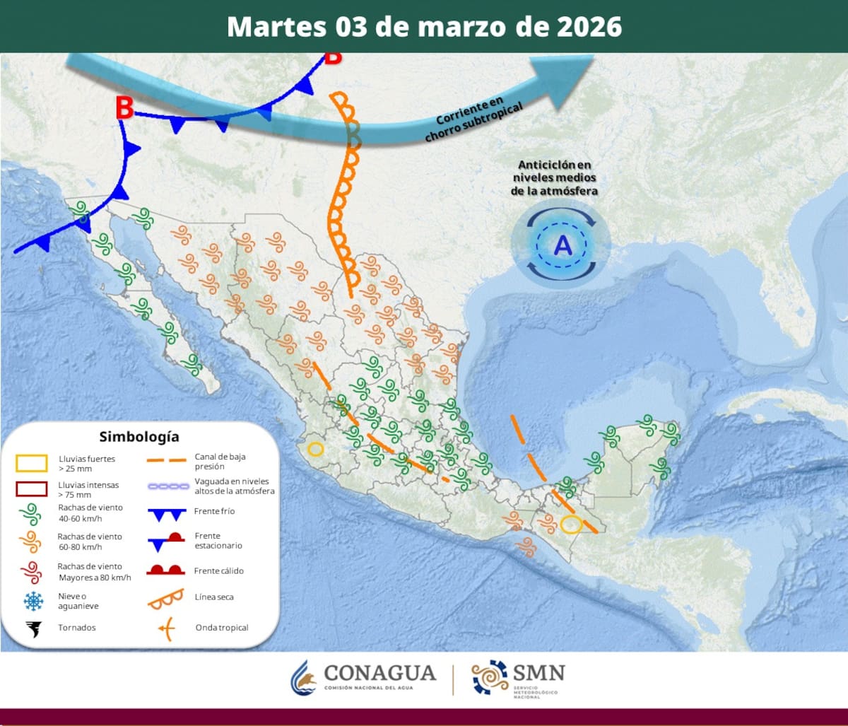 Pronóstico del clima para el martes 3 de marzo del 2026. | Crédito: SMN
