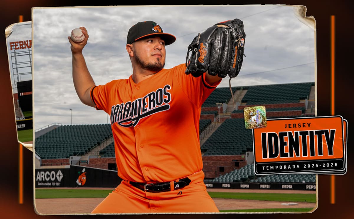El lanzador hermosillense José Samayoa luce el nuevo uniforme "Identity" de los Naranjeros de Hermosillo para la temporada 2025-26. (Foto: Naranjeros de Hermosillo)
