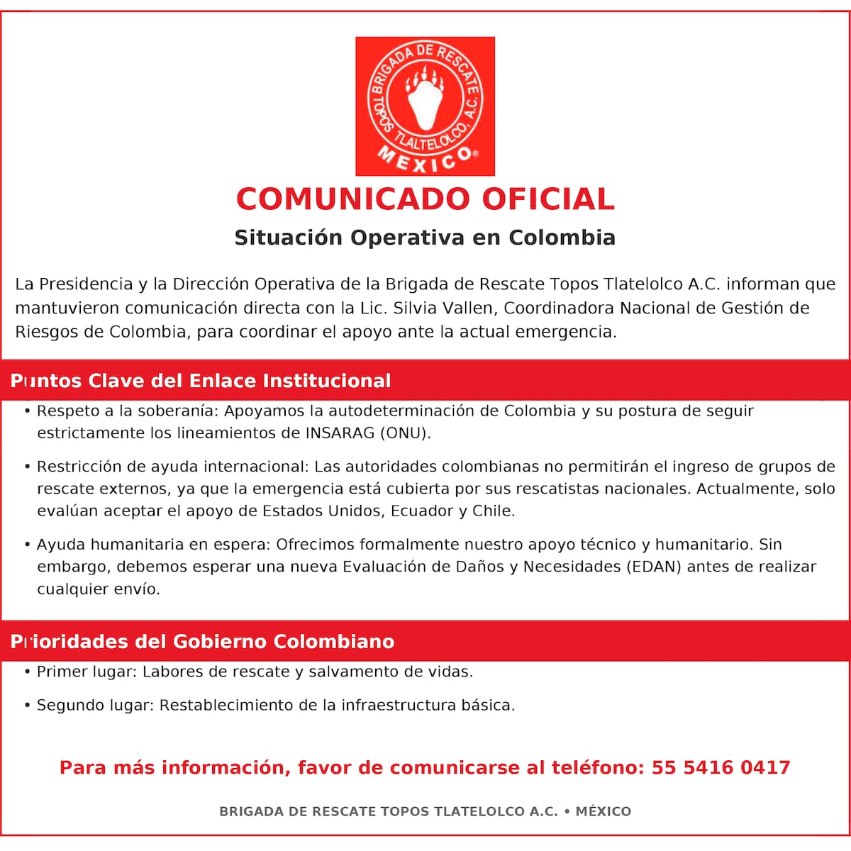 Topos compartieron un comunicado donde detallaron su disposición para apoyar a Colombia y la respuesta del país. | Foto: Topos