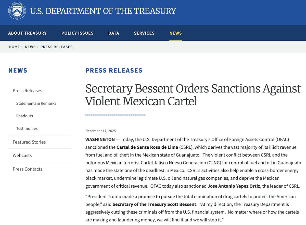 Comunicado del Departamento del Tesoro de EEUU.