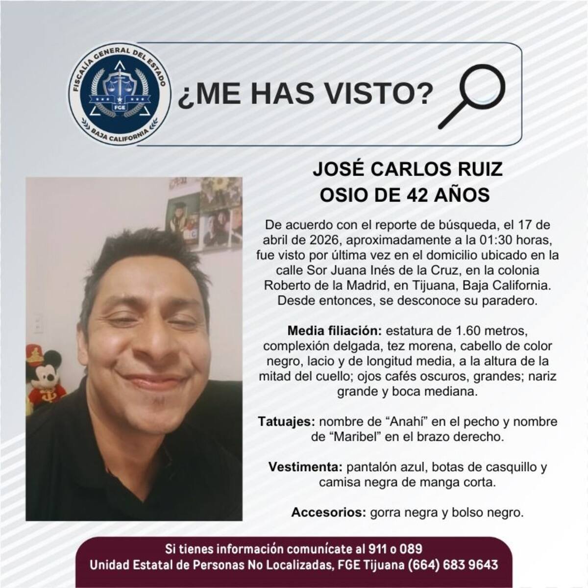 Fue visto por última vez el 17 de abril de 2026.