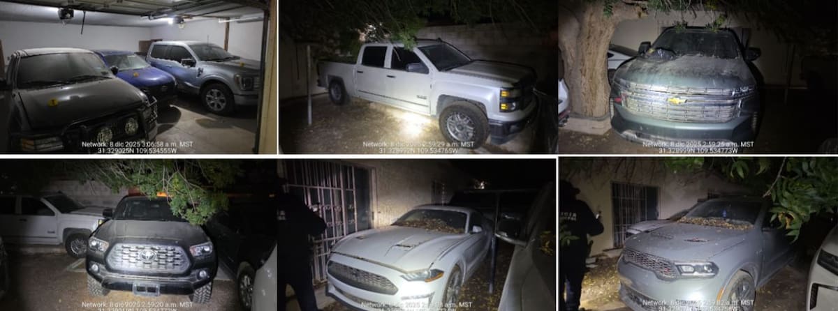 Autoridades aseguraron vehículos con reporte de robo y unidades blindadas durante el cateo realizado en un domicilio de Agua Prieta.