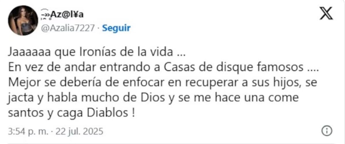 Azalia arremete contra Ninel Conde / Cuenta de X: @Azalia7227