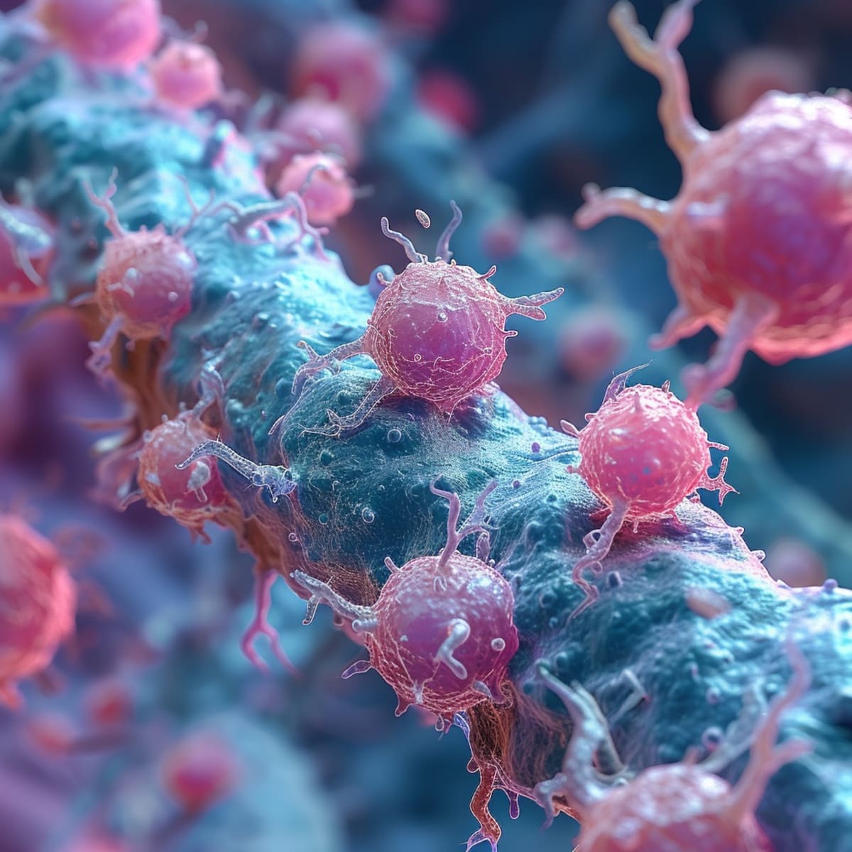 Imagen ilustrativa generada por inteligencia artificial sobre células cancerígenas.