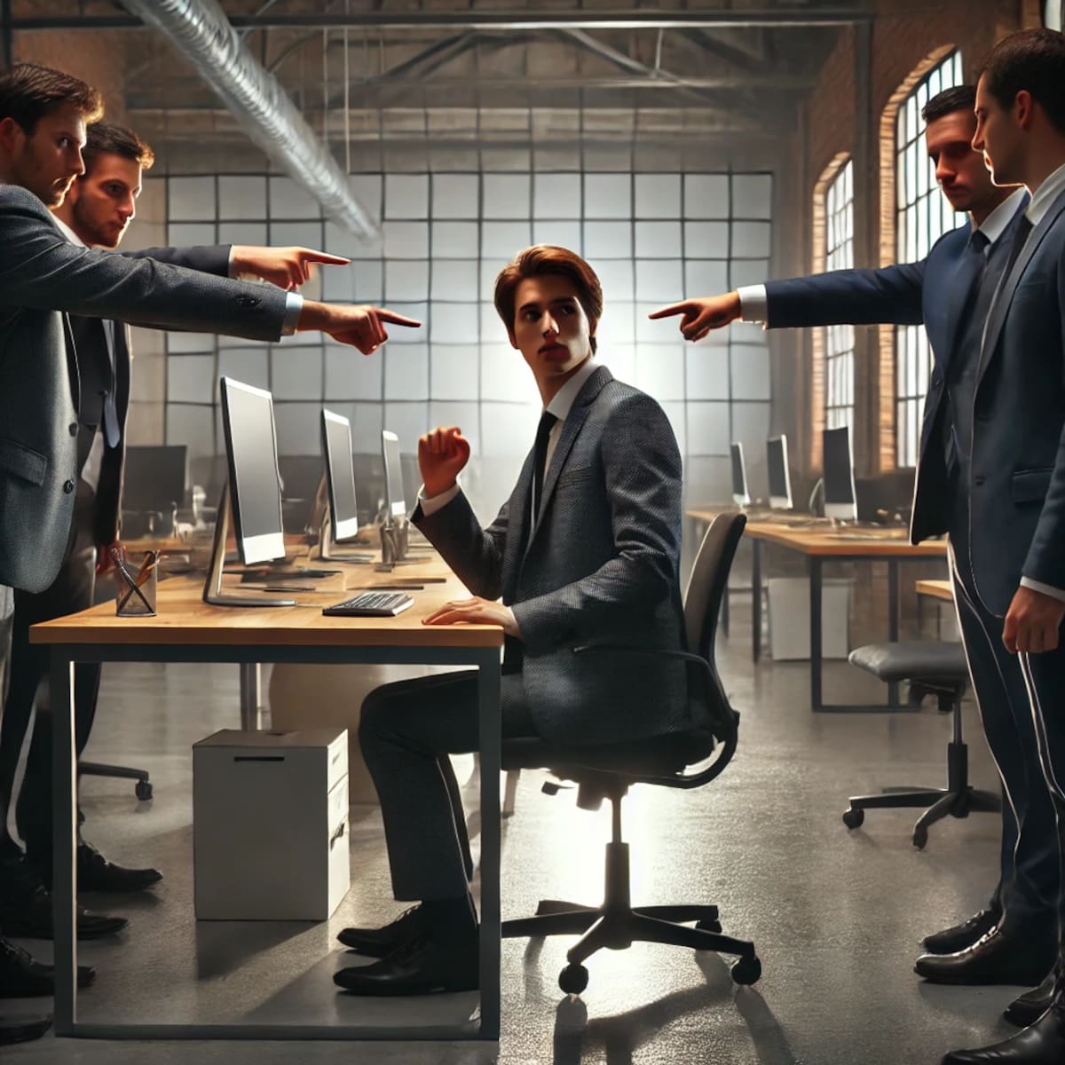 Imagen ilustrativa de discriminación en el trabajo, señalamiento. Hecha con IA (Chatgpt).