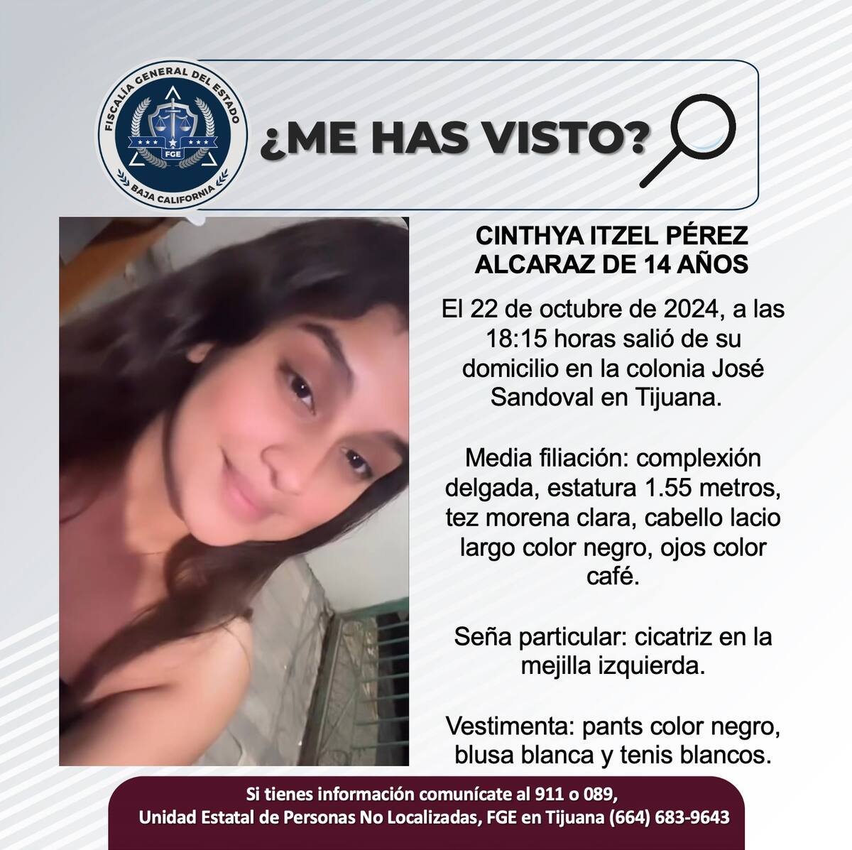 Cinthya Itzel Pérez Alcaraz fue vista por última vez el 22 de octubre de 2024.