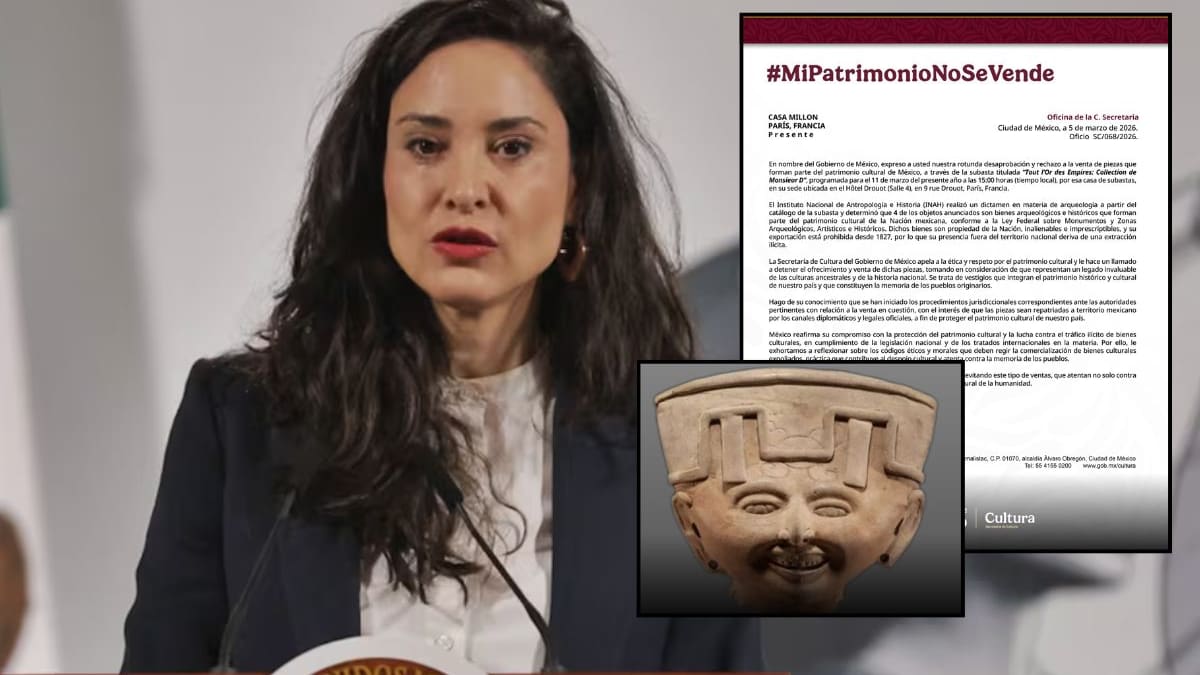 México exige a casa Millon en París detener subasta de 4 piezas prehispánicas mexicanas identificadas por el INAH como patrimonio cultural de la nación; la venta sigue en pie