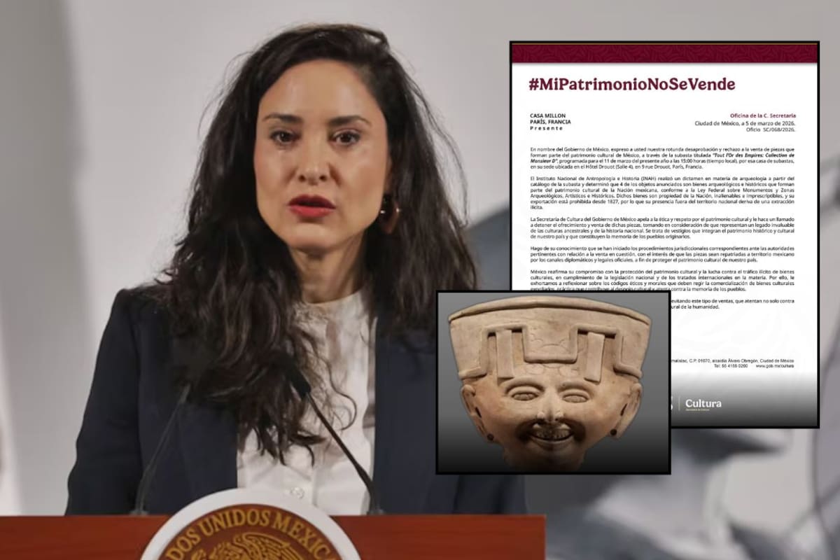 México exige a casa Millon en París detener subasta de 4 piezas prehispánicas mexicanas identificadas por el INAH como patrimonio cultural de la nación; la venta sigue en pie