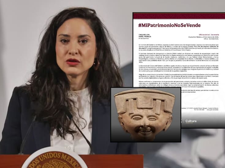 México exige a casa Millon en París detener subasta de 4 piezas prehispánicas mexicanas identificadas por el INAH como patrimonio cultural de la nación; la venta sigue en pie