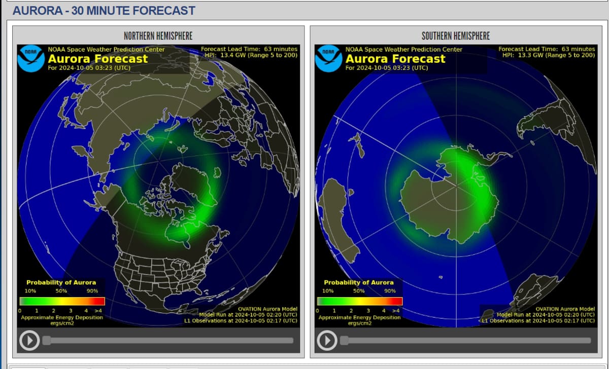 Mapa de visibilidad de auroras boreales. / NOAA