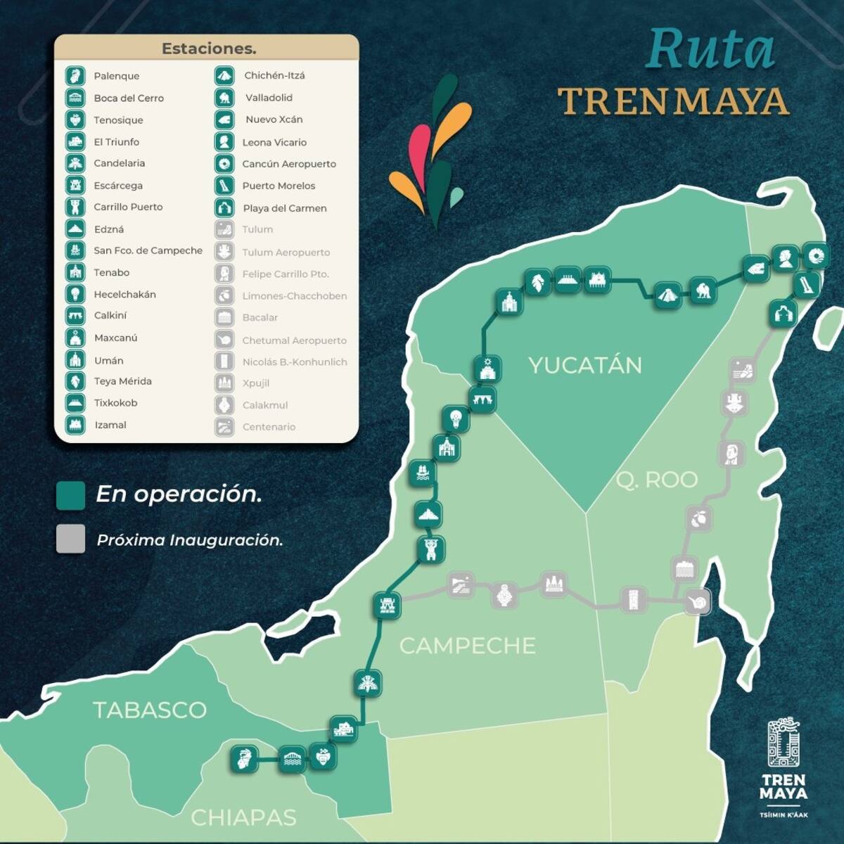El Tren Maya opera en una amplia red de estaciones, incluyendo Palenque, Cancún Aeropuerto, Chichén-Itzá, y Playa del Carmen, entre otras.