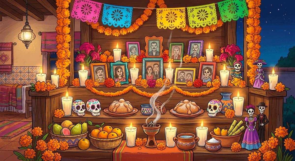 Cada año, durante las celebraciones del Día de Muertos, las familias mexicanas preparan altares para recordar a sus seres queridos l Foto: Generada con IA