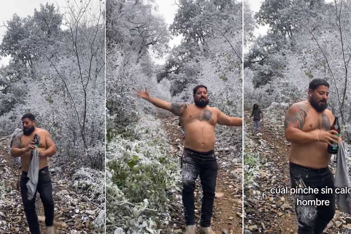 VIDEO: Hombre desafía el frío en Santiago, NL, quitándose la playera y brindando con una caguama