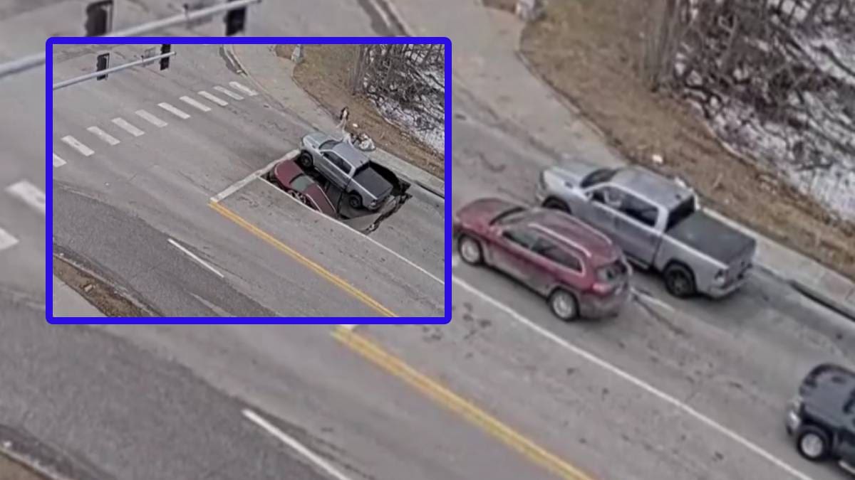 Un socavón se ‘tragó’ a dos vehículos en una intersección en Nebraska y un VIDEO de una cámara de tránsito reveló cómo ocurrió el hecho cuando esperaban el cambio de un semáforo